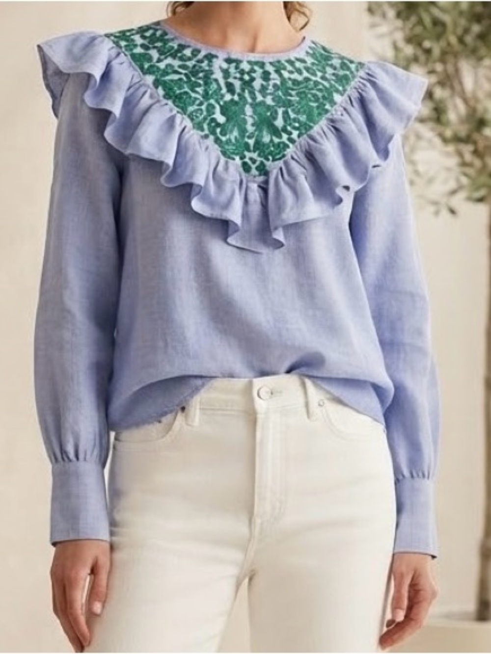 Spirit Dress Chambray Ruffle Blouse w/ Kelly Green Embroidery